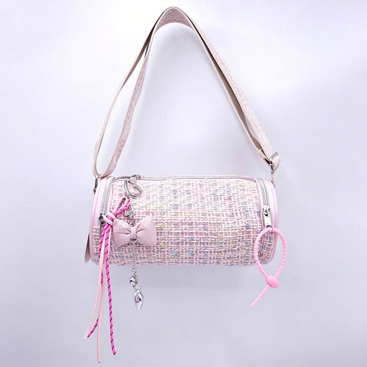 Pink Tweed Cylinder Crossbody Bag, Wide Strap Mini Shoulder Purse for Daily Dating Travel Party
