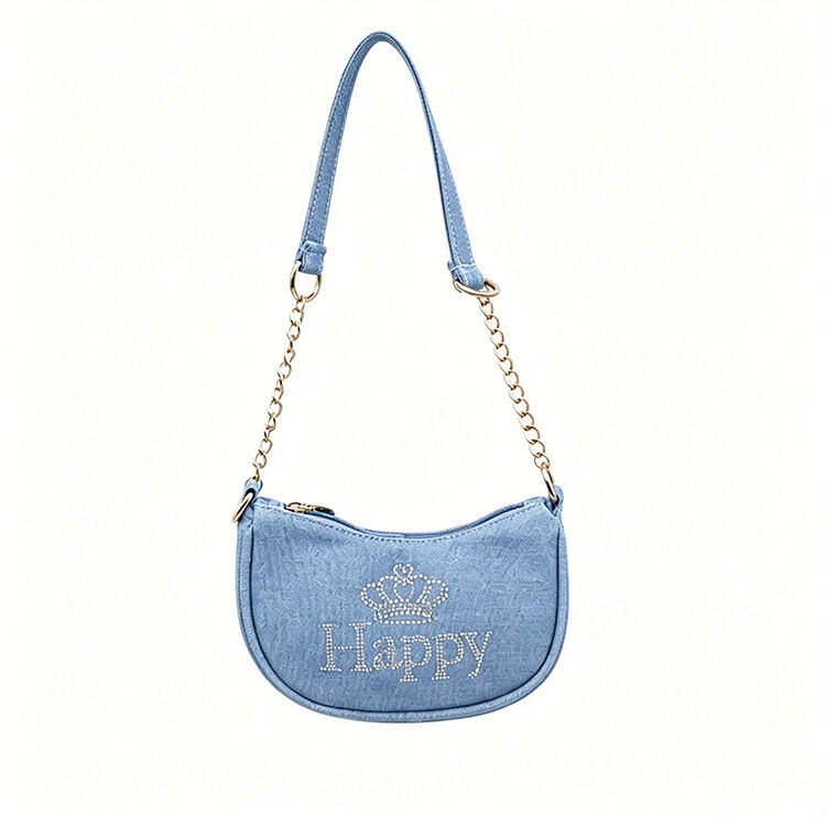 Light Blue Rhinestone Crown Happy Hobo Bag, 2 Ways Shoulder Crossbody Purse for Daily Travel Dating