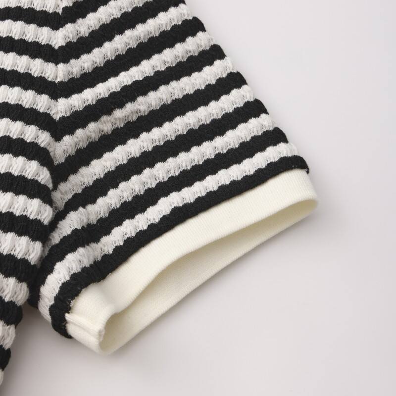 Women's Striped Knit Polo Shirt - Retro Ripple Texture Short Sleeve Sweater