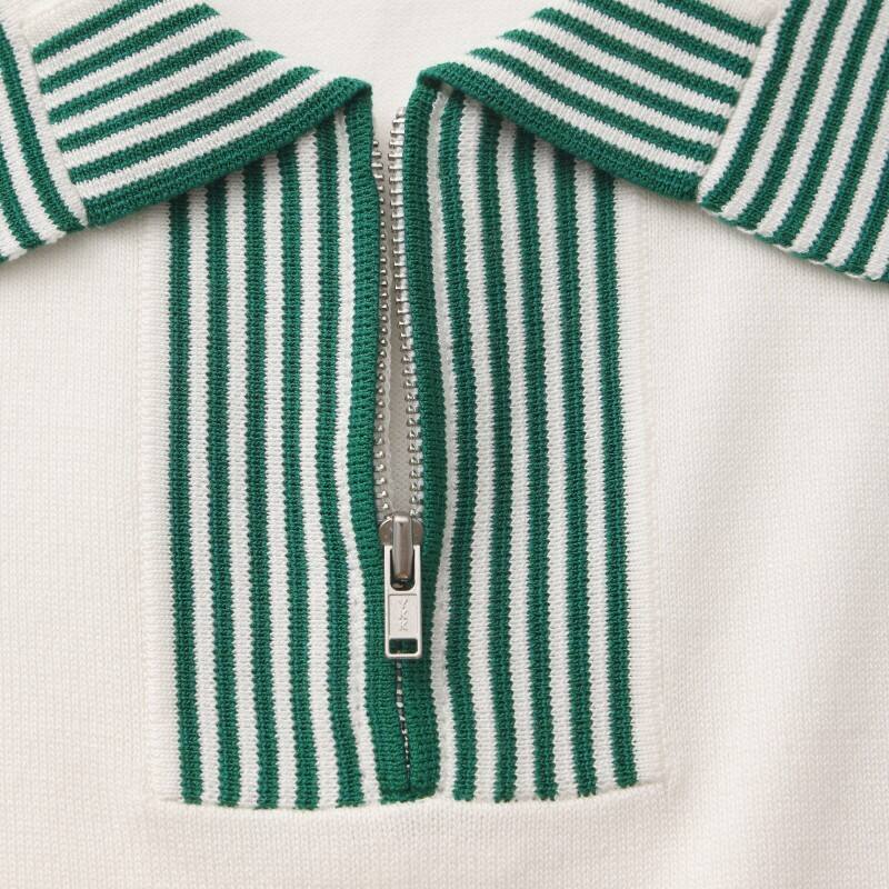 Women's Quarter-Zip Knit Polo - Retro Contrast Stripe Urban Leisure Topt