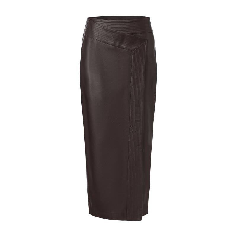 Women's Faux Leather Midi Skirt - Elegant Wrap-Front PU Skirt with Top stitch Detail