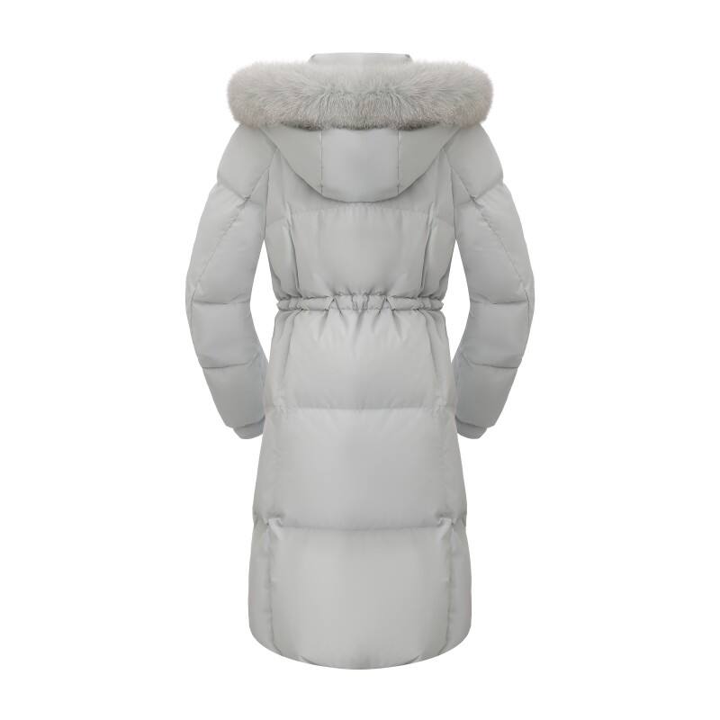  Women's Elegant Long-line Down Parka - Fur-Trimmed Hooded Winter Coat with Cinched Waist