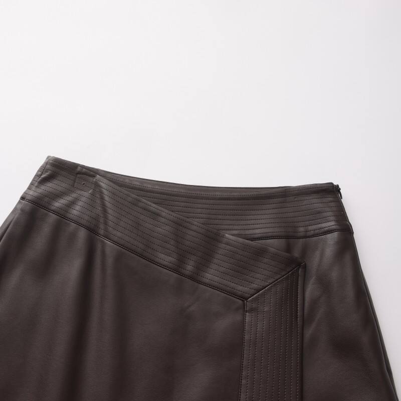 Women's Faux Leather Midi Skirt - Elegant Wrap-Front PU Skirt with Top stitch Detail