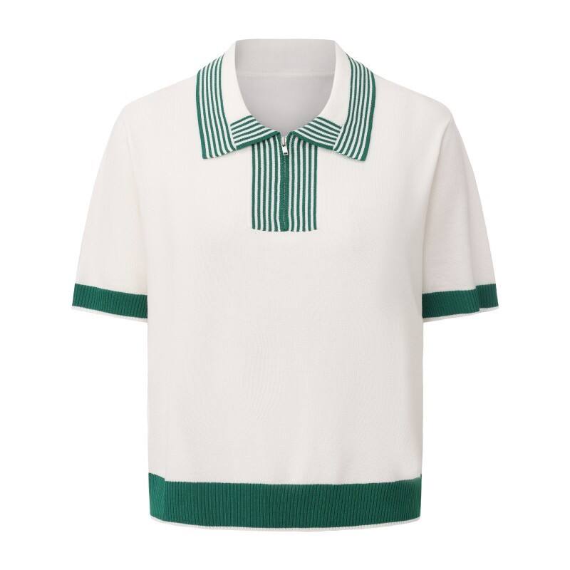 Women's Quarter-Zip Knit Polo - Retro Contrast Stripe Urban Leisure Topt