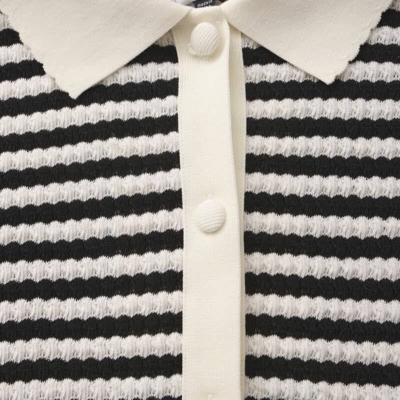 Women's Striped Knit Polo Shirt - Retro Ripple Texture Short Sleeve Sweater