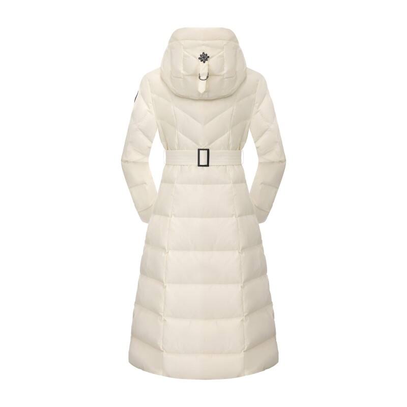 Women's Luxury Long Down Parka - Chevron Quilted Winter Coat with Utility Belt