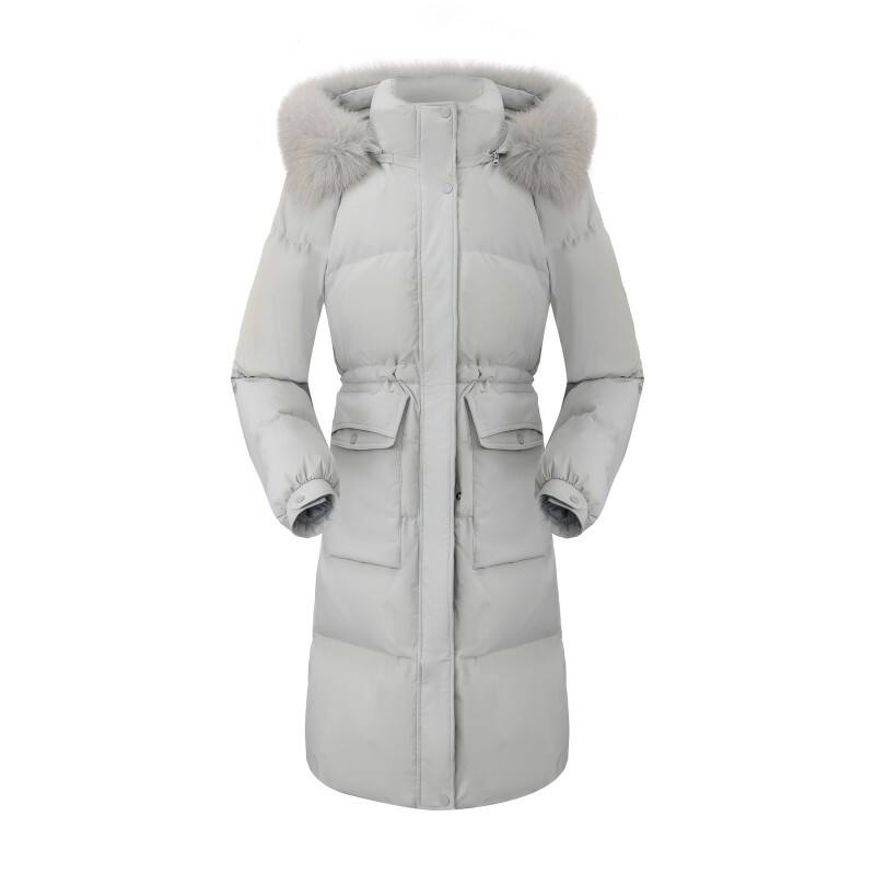  Women's Elegant Long-line Down Parka - Fur-Trimmed Hooded Winter Coat with Cinched Waist