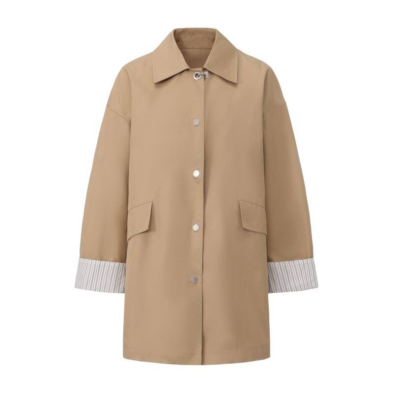 Women's Oversized Khaki Trench Coat - Classic Mid-Length Raincoat with Striped Cuffs