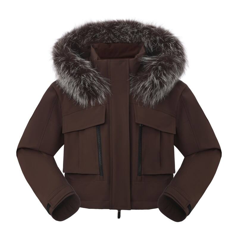 Women's Luxury Cropped Down Parka - Faux-Fur Trimmed Hooded Utility Winter Jacket