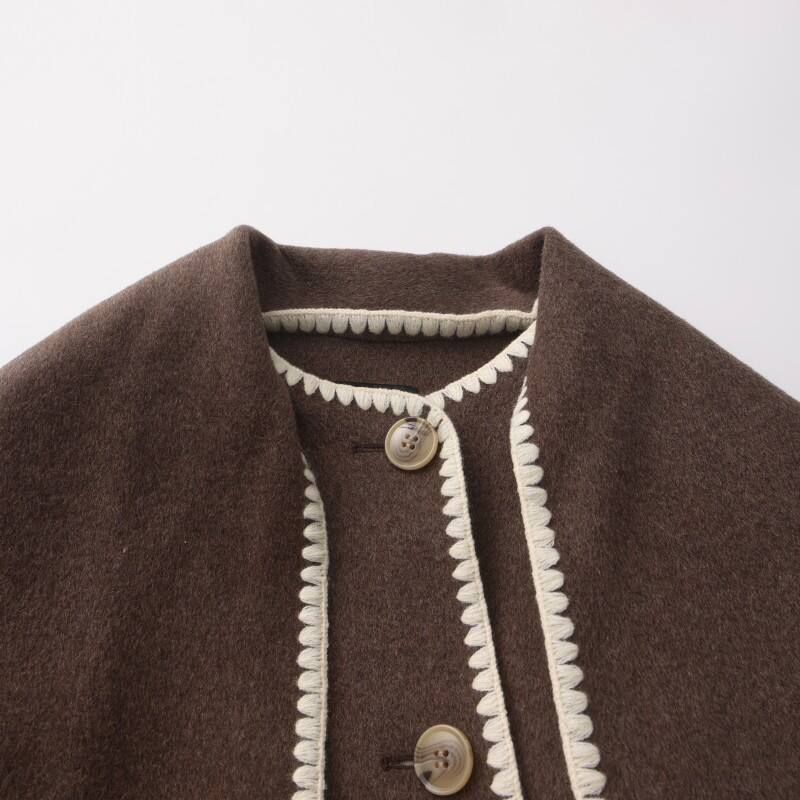 Women's Wool Blend Wrap Coat - Elegant Crochet-Stitch Trim Oversized Outerwear