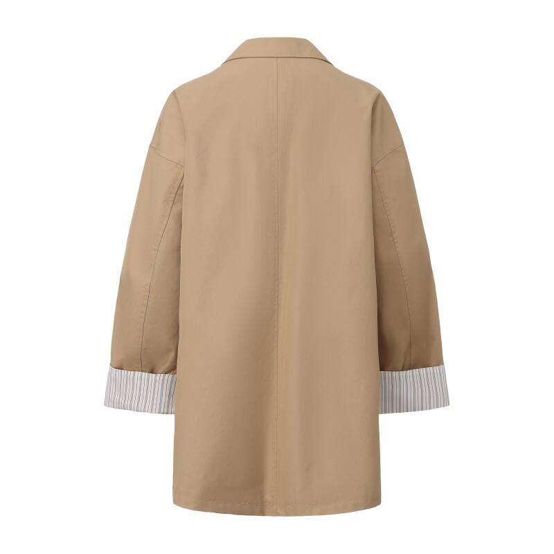 Women's Oversized Khaki Trench Coat - Classic Mid-Length Raincoat with Striped Cuffs
