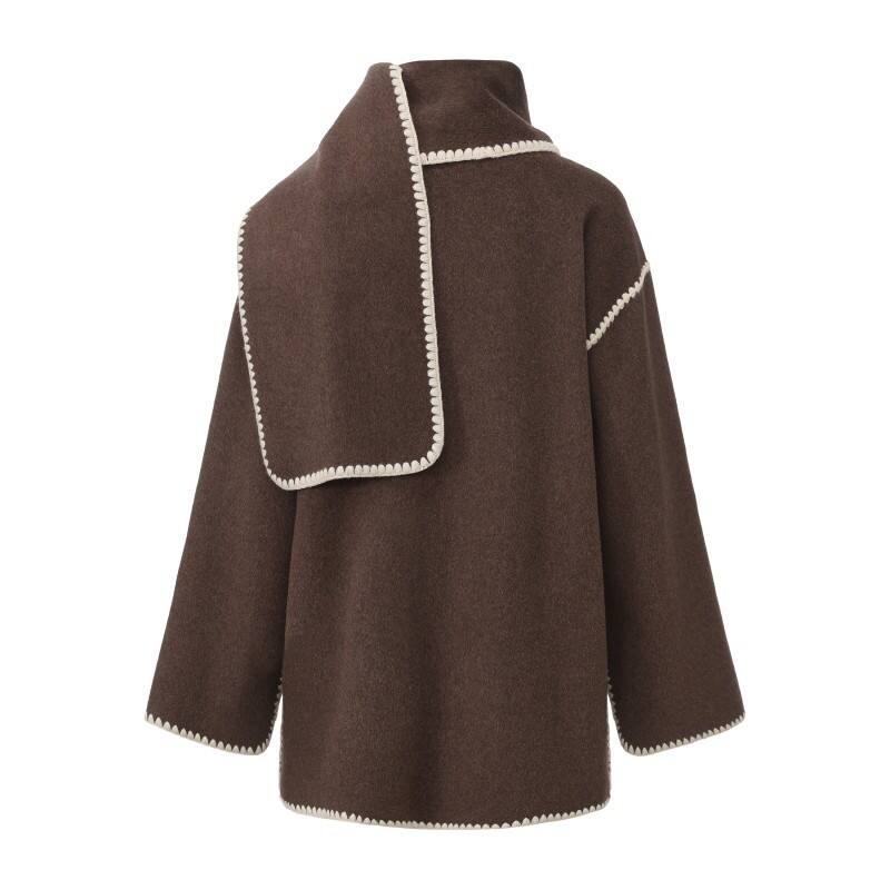 Women's Wool Blend Wrap Coat - Elegant Crochet-Stitch Trim Oversized Outerwear