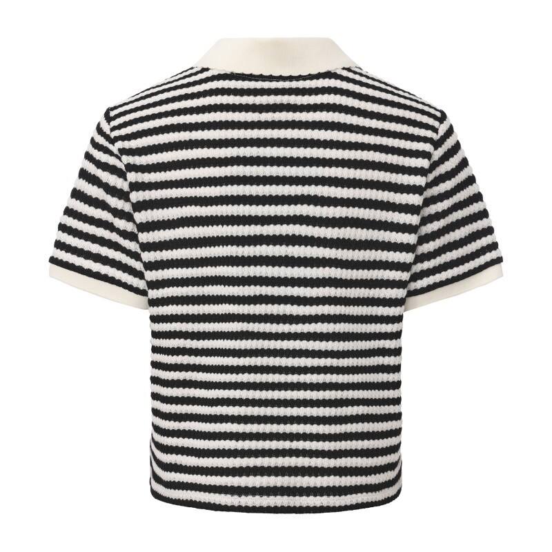 Women's Striped Knit Polo Shirt - Retro Ripple Texture Short Sleeve Sweater