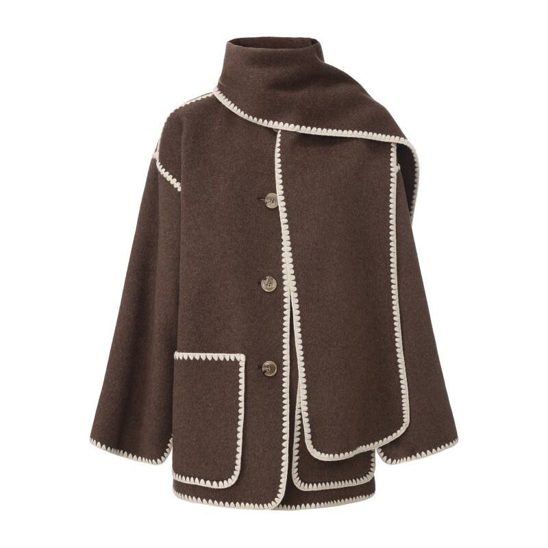 Women's Wool Blend Wrap Coat - Elegant Crochet-Stitch Trim Oversized Outerwear