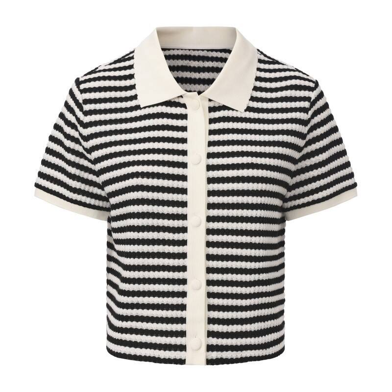 Women's Striped Knit Polo Shirt - Retro Ripple Texture Short Sleeve Sweater