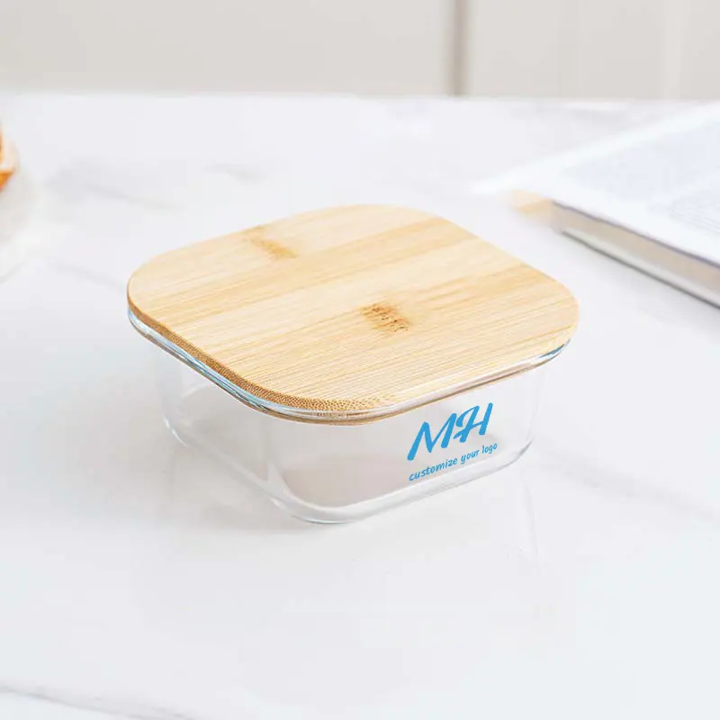 320ml 520ml 800ml Square Glass Food Storage Containers with Bamboo Lids in Bulk