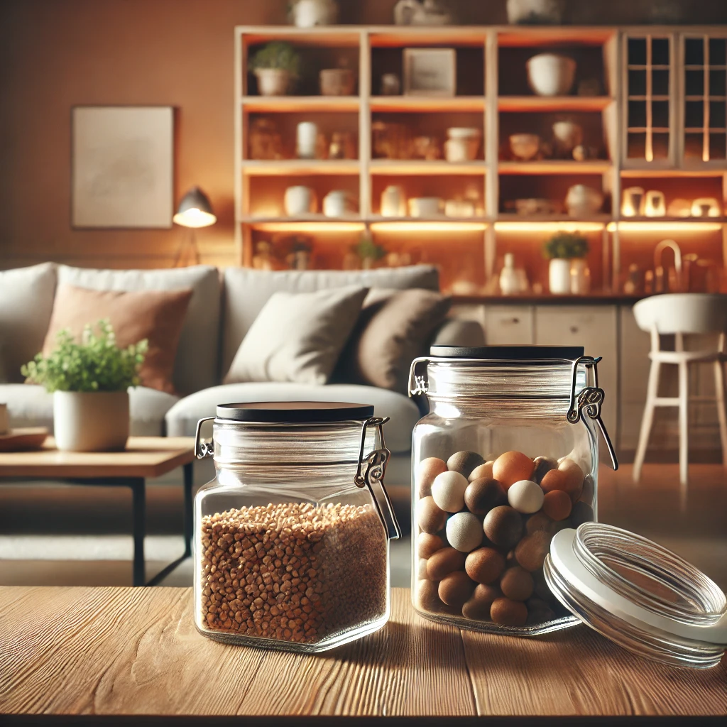 A cozy living room where glass jars are used as decorative storage, blending beautifully with the inviting interior design. - Versatile and Eco-Friendly Glass Food Storage Jars with Lids