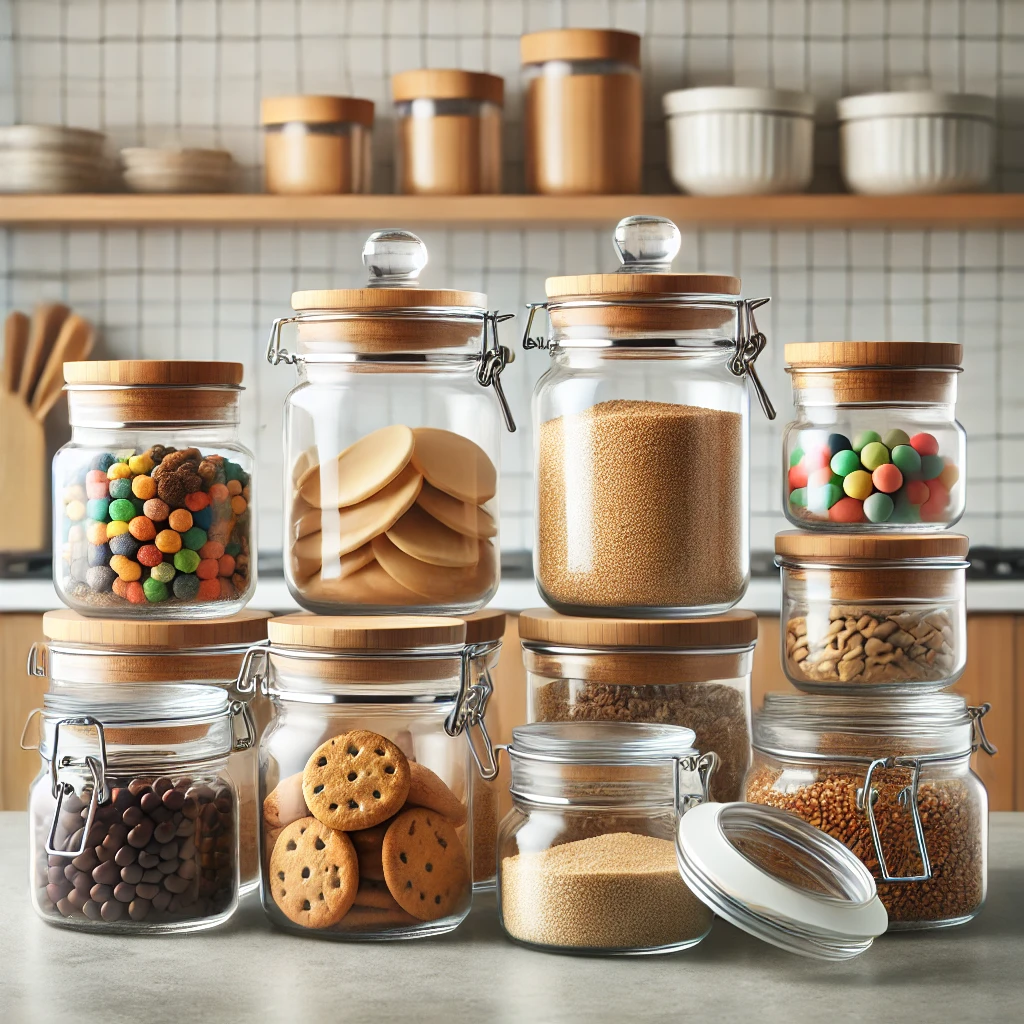 Versatile and Eco-Friendly Glass Food Storage Jars with Lids - A modern kitchen with versatile glass food storage jars filled with dry foods, showcasing both glass and customizable lids like bamboo or cork.