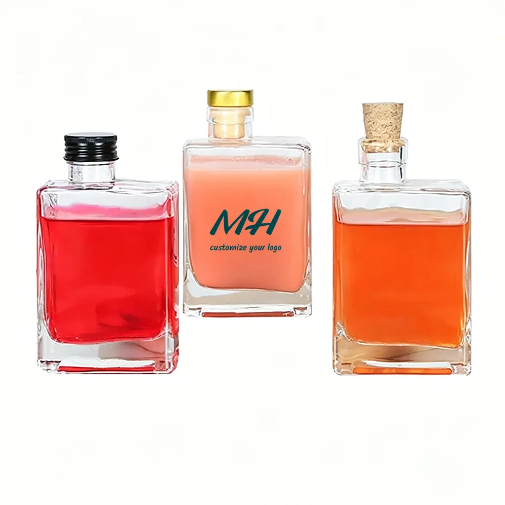 200ml 300ml Kwadratowe szklane butelki z sokiem z pokrywkami do napojów hurt