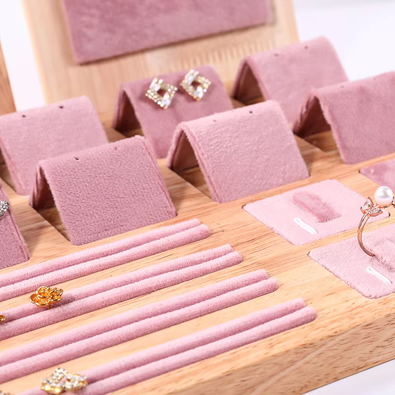 Solid Wood Jewelry Display Tray Velvet/PU Leather Ring Earing Card Jewelry Counter Display Props Rack