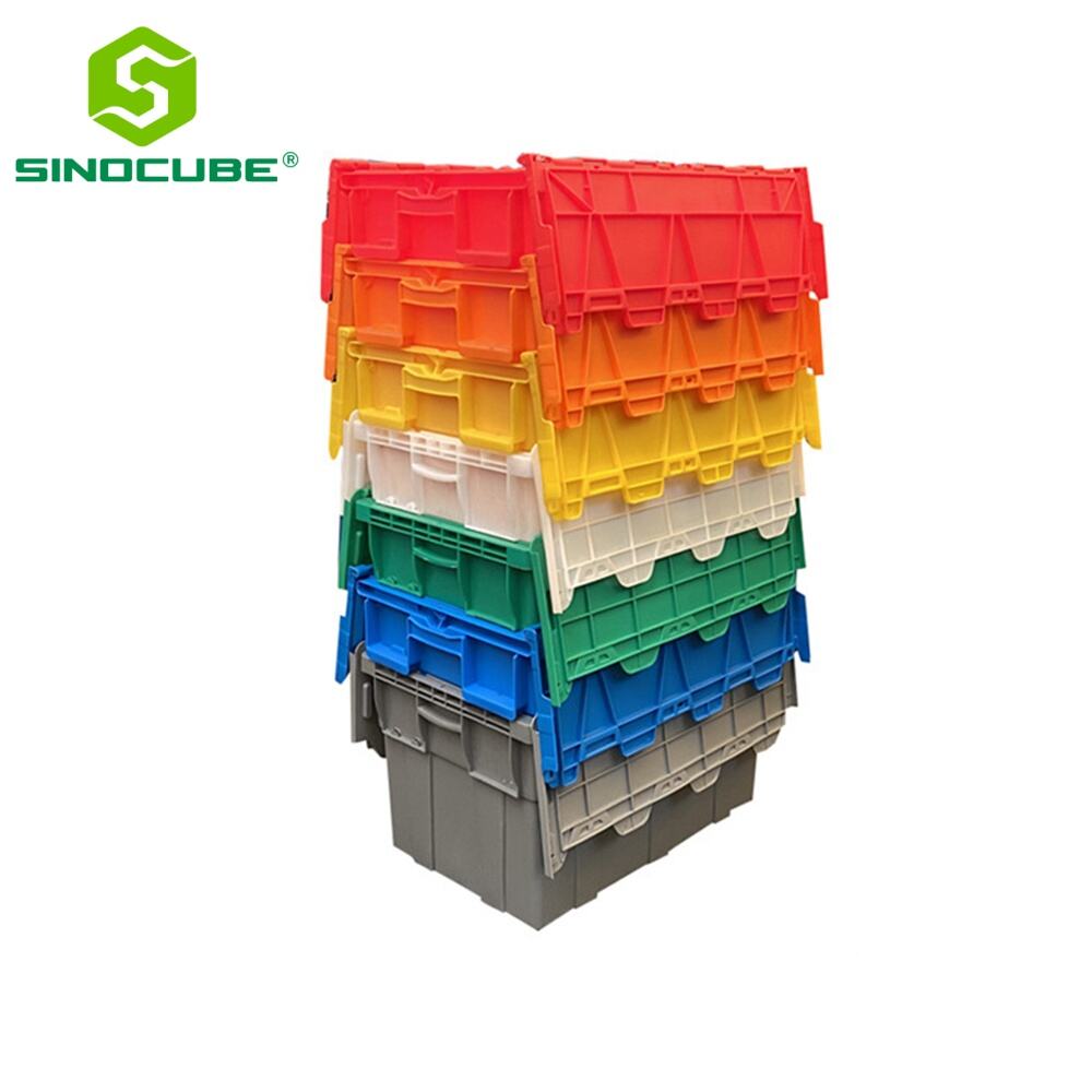 600*400*315 Plastic Moving Crate Stackable Storage Attached Lid Containers for Transport