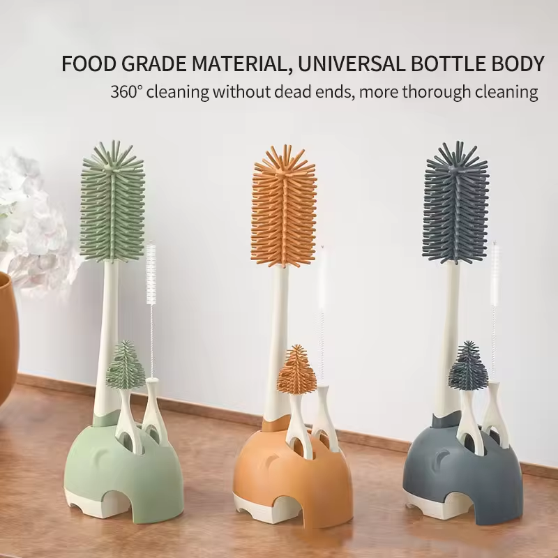 Eco Friendly 360 Degrees Rotating Long Handle Soft Bristles Baby Milk Bottle Dust Brush Cleaner Silicone Brush Cleaning Brush factory