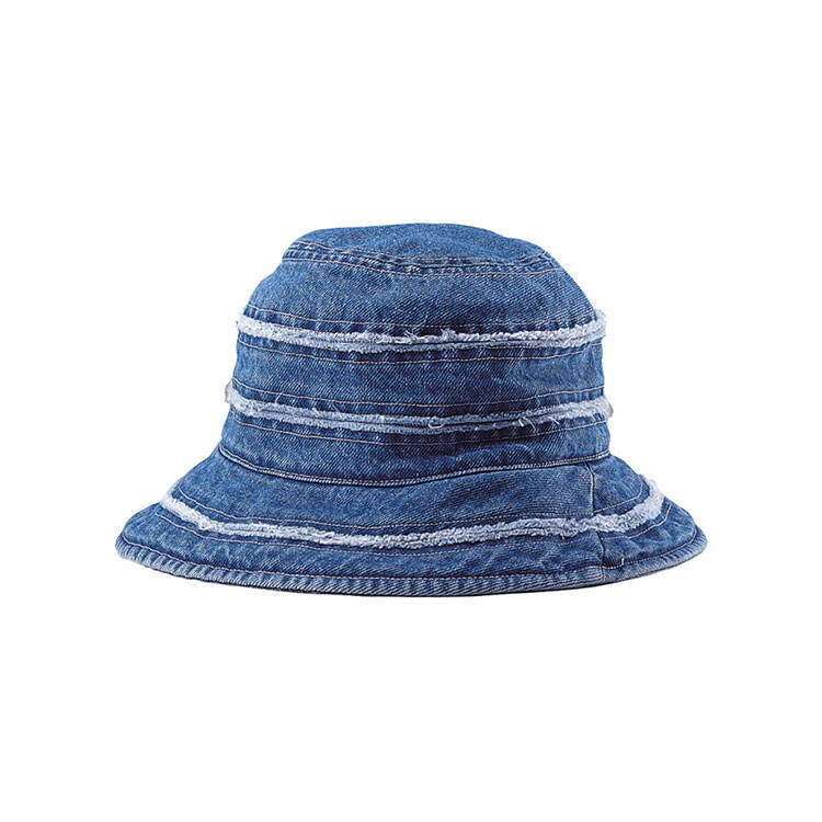 Premium Custom 7897Y Frayed Denim Bucket Hat with Three Distressed Bands Medium-Wash Twill Outdoor Cap for Street Fashion Summer Wear and Promotional Branding