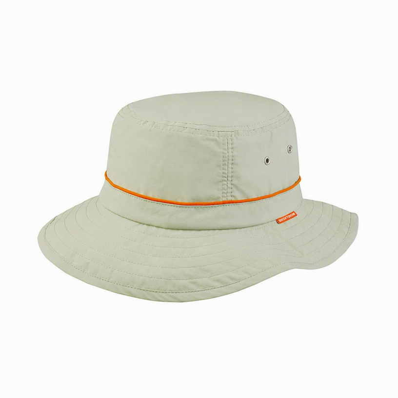 Premium Custom Bucket Hat with Orange Accent Cord and Juniper Woven Label Breathable Wide Brim Outdoor Sun Cap with Ventilation Grommets for Hiking Travel and Promotional Branding