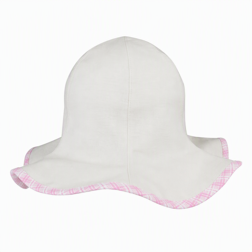 Premium Custom 6518 Infant Check-Trim Floppy Sun Hat Three Colorways Wide Wavy Brim Gingham Edge Cotton Baby Toddler Summer Sun Hat for Outdoor Play Beach and Promotional Branding