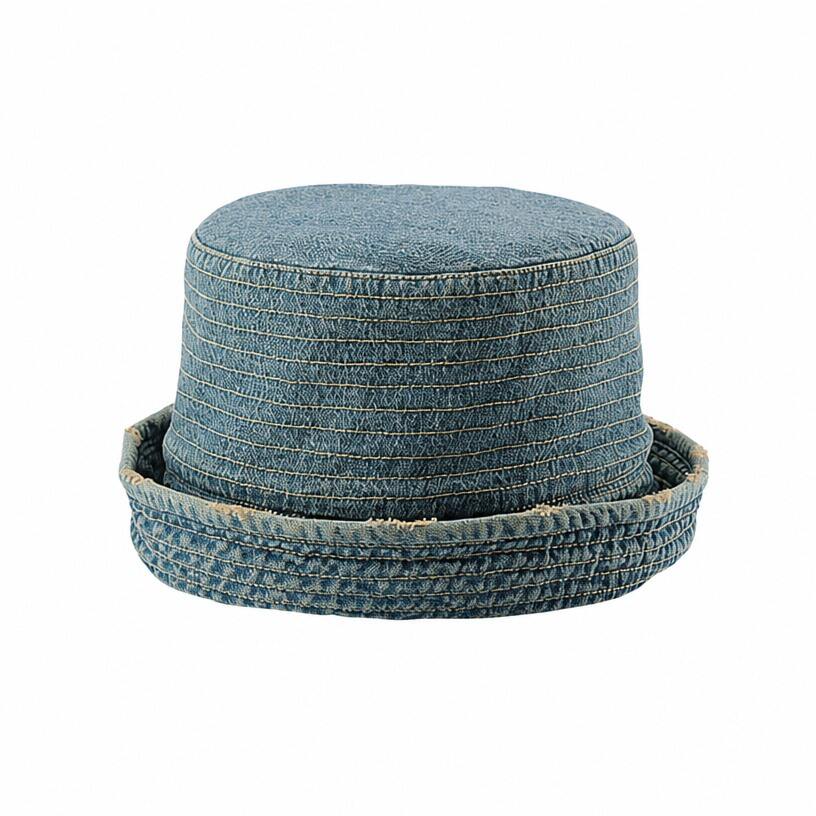 Premium Custom 7894 Denim Rolled-Brim Cloche Hat with Contrast Tan Topstitching Frayed Edge Style Outdoor Fashion Cap for Street Wear and Promotional Branding