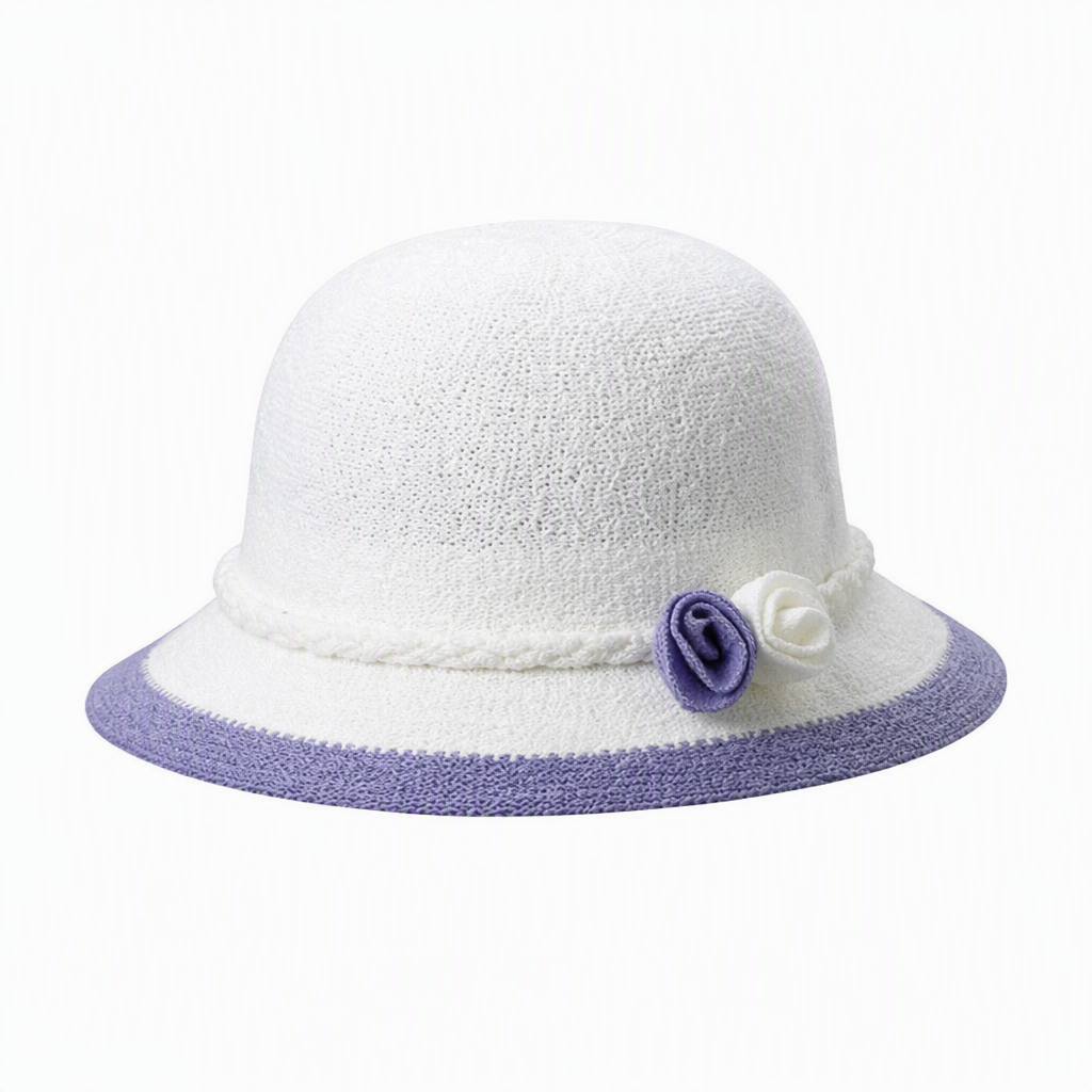 Premium Custom 2513 Kids Knit Sun Hat with Rose Accents Six Colorways White Body Color Trim Brim Twin Fabric Roses Braided Band Baby Toddler Summer Sun Hat for Outdoor Play and Promotional Branding