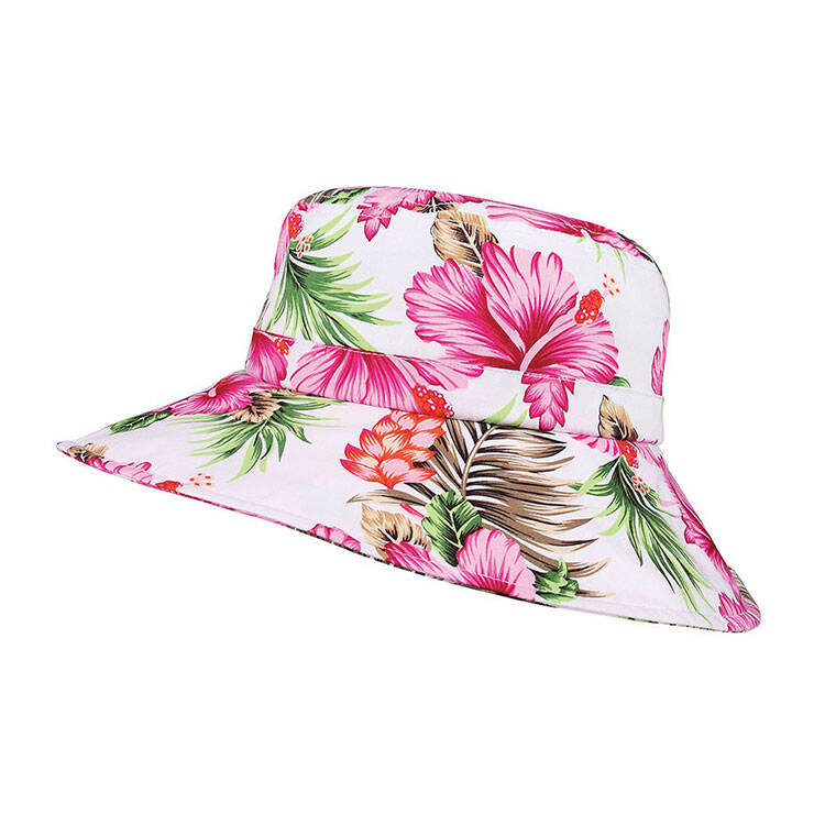 Premium Custom 7904G Tropical Floral Print Bucket Hat with Hibiscus Motifs Wide Floppy Brim Outdoor Sun Cap for Beach Resort Travel and Promotional Branding