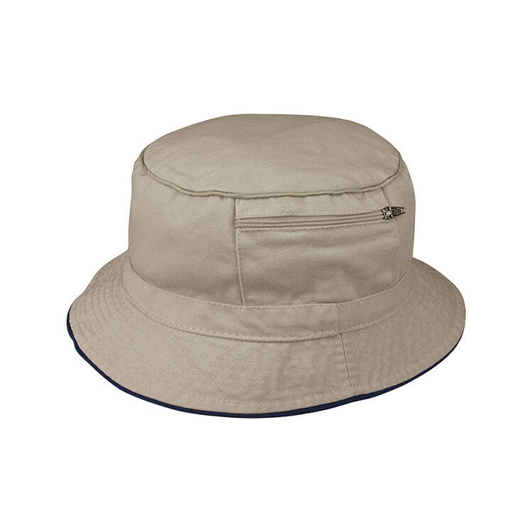 Premium Custom 7825 Bucket Hat with Horizontal Zippered Pocket and Contrast Piping Edge Secure Storage Cotton Twill Outdoor Sun Cap for Travel Fishing and Promotional Branding
