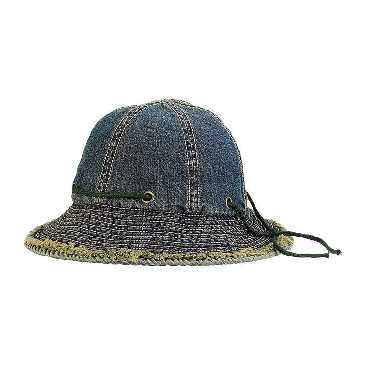 Premium Custom 6533 Drawstring Denim Bucket Hat One Colorway Forest Green Cinch Cord Bronze Grommets Frayed Edge Braided Trim Medium-Wash Denim Outdoor Summer Sun Hat for Casual Wear Travel and Promotional Branding