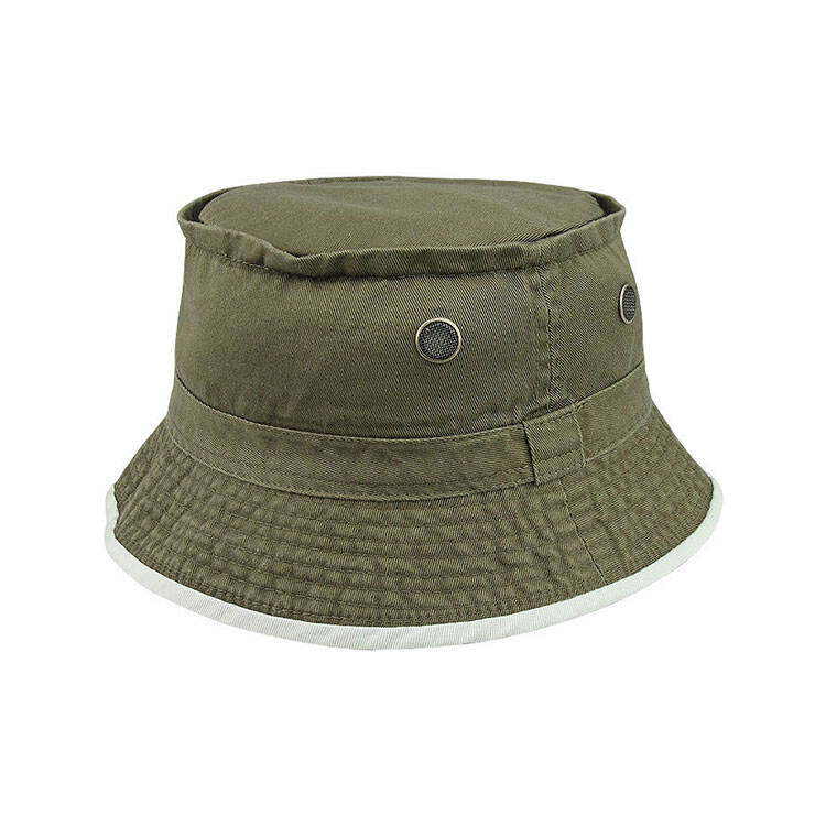 Premium Custom 7832 Olive Bucket Hat with White Contrast Binding and Mesh-Center Eyelets Dense Stitched Brim Heavy Cotton Twill Outdoor Sun Cap for Hiking Outdoor Work and Promotional Branding