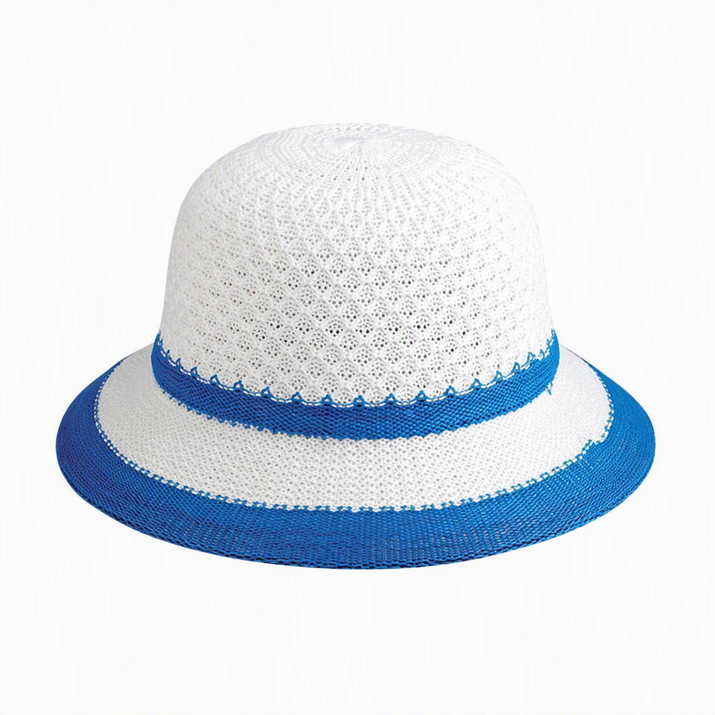 Premium Custom 2504 Kids Lace-Knit Sun Hat with Contrast Stripes Four Colorways Scalloped Crown Band Brim Edge Stripe Open-Work Diamond Crown Baby Toddler Summer Sun Hat for Outdoor Play and Promotional Branding