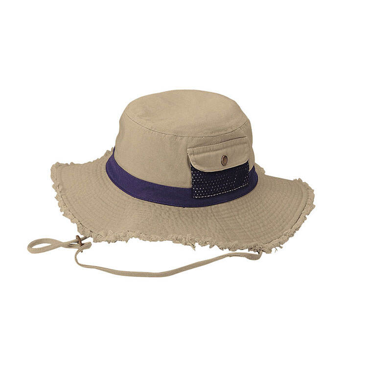 Premium Custom 7862 Frayed-Edge Bucket Hat with Button-Flap Utility Pocket and Contrast Band Three Colorways Wide Floppy Brim Outdoor Sun Cap for Hiking Travel and Promotional Branding