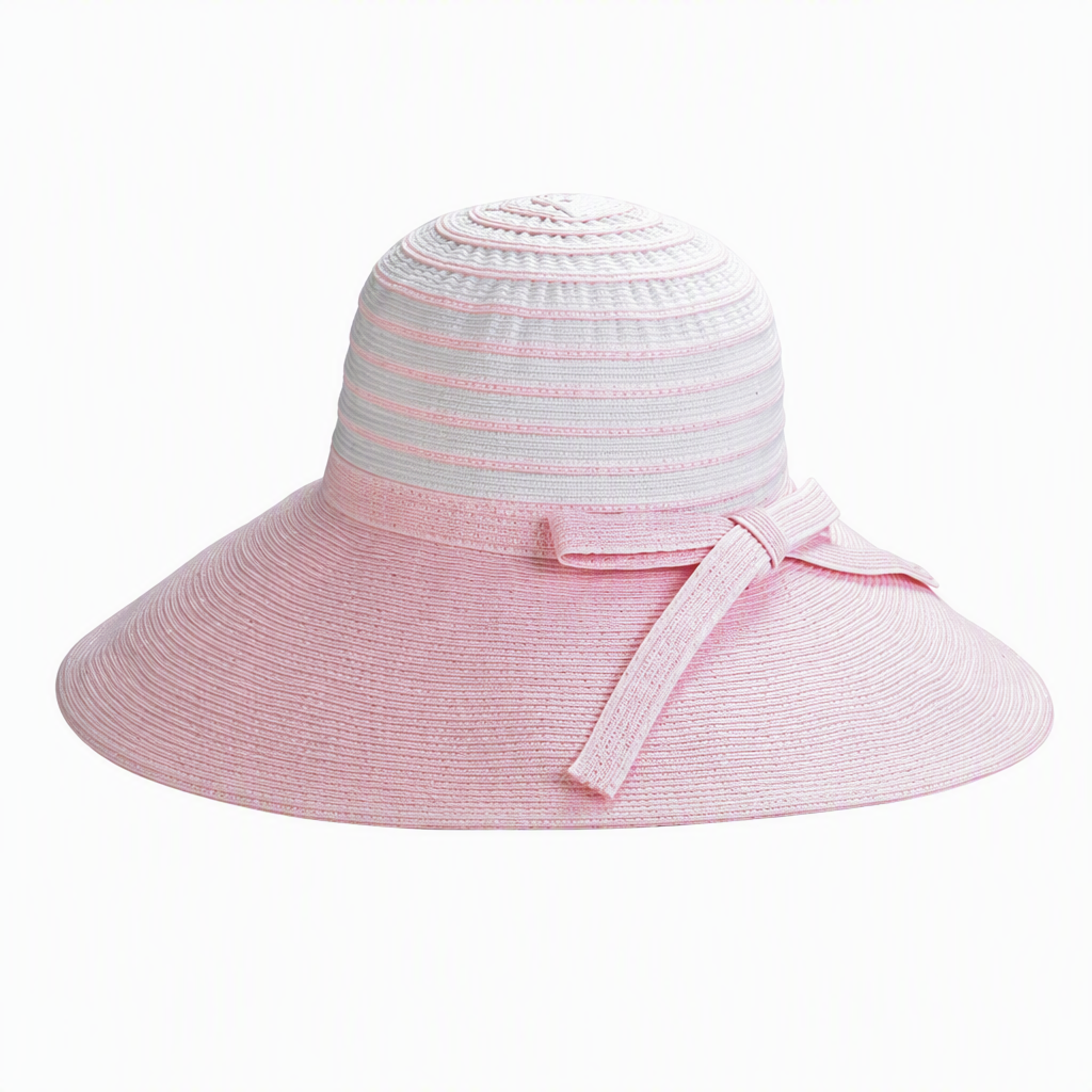 Premium Custom 6524B Striped-Crown Woven Straw Sun Hat Three Colorways Solid Wide Brim Matching Bow Braided Fiber Outdoor Summer Sun Hat for Beach Travel Gardening and Promotional Branding