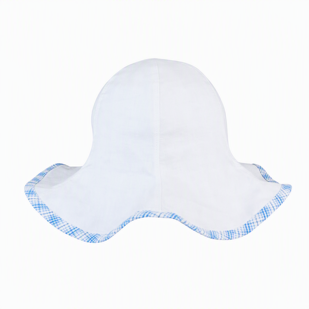 Premium Custom 6518 Infant Check-Trim Floppy Sun Hat Three Colorways Wide Wavy Brim Gingham Edge Cotton Baby Toddler Summer Sun Hat for Outdoor Play Beach and Promotional Branding