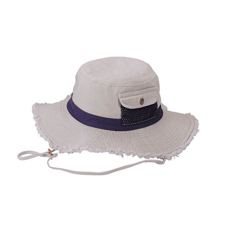 Premium Custom 7862 Frayed-Edge Bucket Hat with Button-Flap Utility Pocket and Contrast Band Three Colorways Wide Floppy Brim Outdoor Sun Cap for Hiking Travel and Promotional Branding