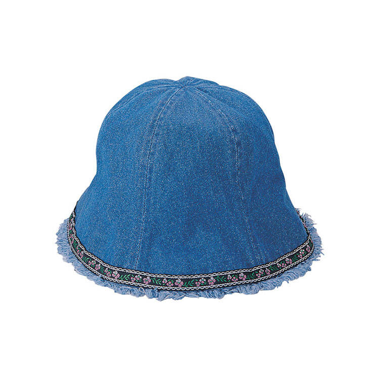 Premium Custom 7879B Denim Cloche Hat with Floral Ribbon Trim and Frayed Edge Bell-Shaped Fashion Cap for Summer Style and Promotional Branding