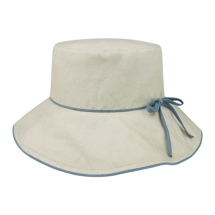 Premium Custom 6607 Wide-Brim Bucket Sun Hat with Contrast Piping and Side Bow Three Colorways Woven Cotton Outdoor Summer Sun Cap for Beach Travel and Promotional Branding