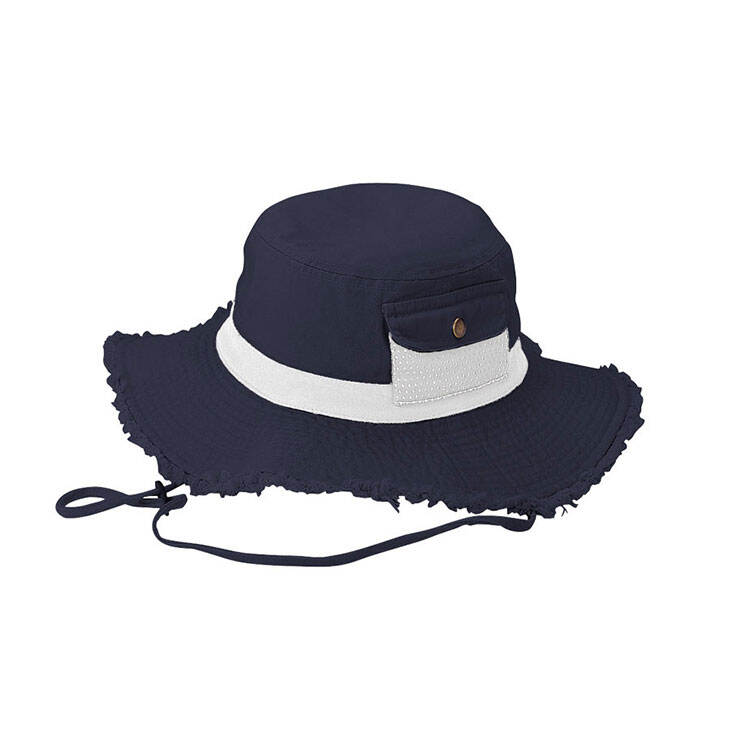 Premium Custom 7862 Frayed-Edge Bucket Hat with Button-Flap Utility Pocket and Contrast Band Three Colorways Wide Floppy Brim Outdoor Sun Cap for Hiking Travel and Promotional Branding