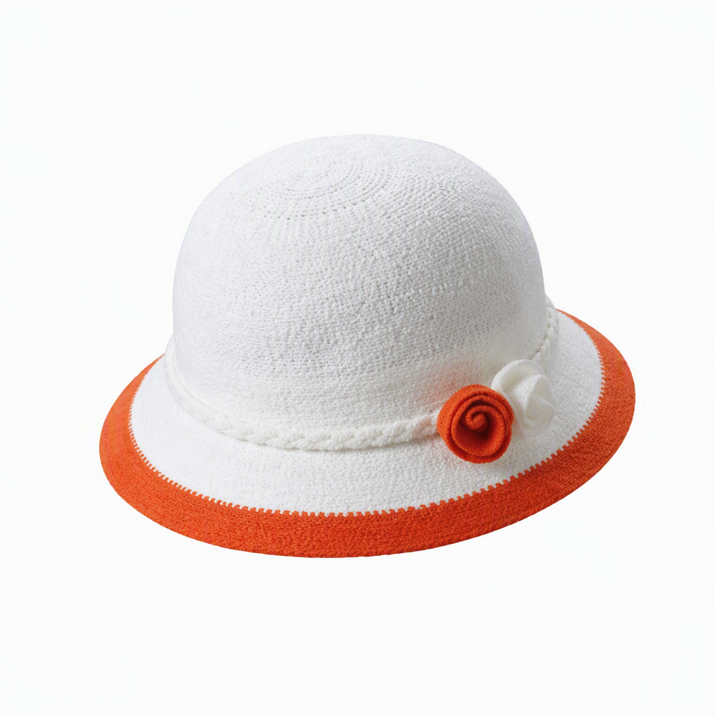 Premium Custom 2513 Kids Knit Sun Hat with Rose Accents Six Colorways White Body Color Trim Brim Twin Fabric Roses Braided Band Baby Toddler Summer Sun Hat for Outdoor Play and Promotional Branding