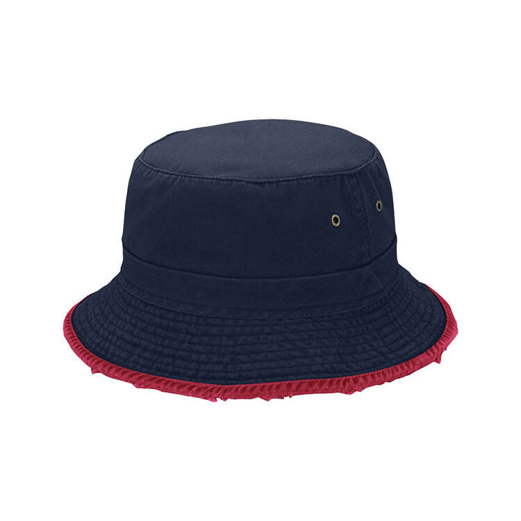 Premium Custom 7823 Navy Bucket Hat with Frayed Red Trim Edge and Brass Grommets Distressed Contrast Detail Cotton Twill Outdoor Sun Cap for Street Fashion and Promotional Branding