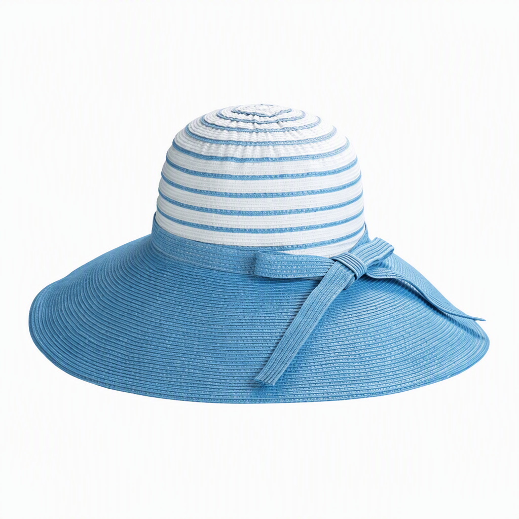 Premium Custom 6524B Striped-Crown Woven Straw Sun Hat Three Colorways Solid Wide Brim Matching Bow Braided Fiber Outdoor Summer Sun Hat for Beach Travel Gardening and Promotional Branding
