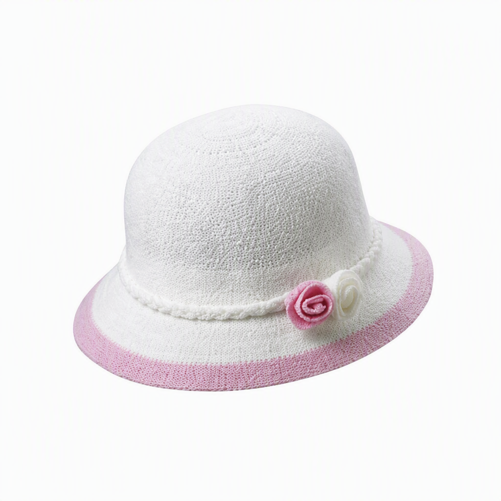 Premium Custom 2513 Kids Knit Sun Hat with Rose Accents Six Colorways White Body Color Trim Brim Twin Fabric Roses Braided Band Baby Toddler Summer Sun Hat for Outdoor Play and Promotional Branding