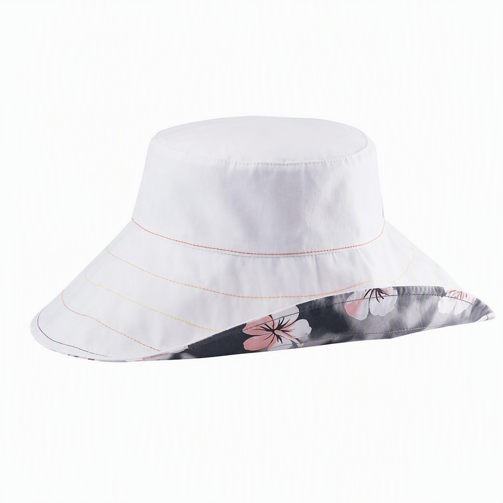 Premium Custom 6502 Flip-Brim Hibiscus-Print Sun Hat Two Colorways Solid Crown Wide Brim Reversible Look Tropical Floral Lining Outdoor Summer Sun Hat for Beach Travel and Promotional Branding