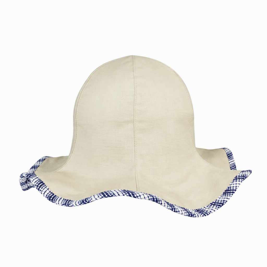 Premium Custom 6518 Infant Check-Trim Floppy Sun Hat Three Colorways Wide Wavy Brim Gingham Edge Cotton Baby Toddler Summer Sun Hat for Outdoor Play Beach and Promotional Branding
