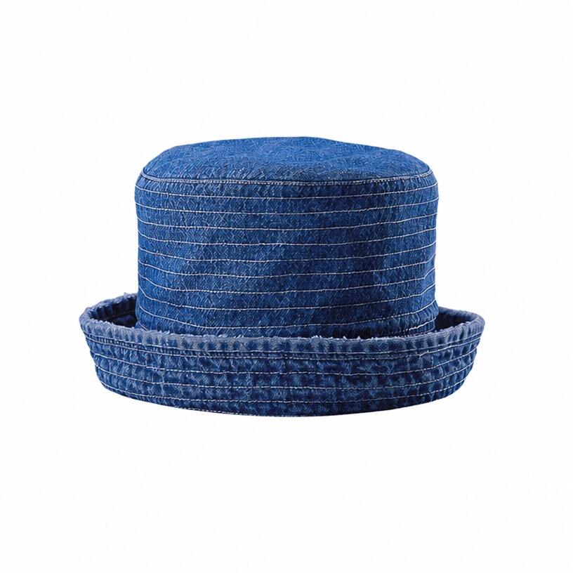 Premium Custom 7894 Denim Rolled-Brim Cloche Hat with Contrast Tan Topstitching Frayed Edge Style Outdoor Fashion Cap for Street Wear and Promotional Branding